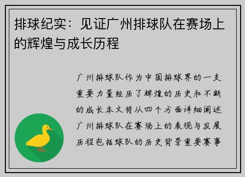 排球纪实：见证广州排球队在赛场上的辉煌与成长历程